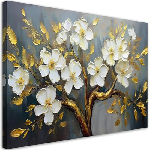 Feeby Leinwandbild - Bilder Wohnzimmer - Weiße Blumen Pflanzen Baum - 60x40 1tlg - Deko Schlafzimmer - Wanddekoration - Aesthetic - Groß Moderne Bild - Foto auf Leinwand