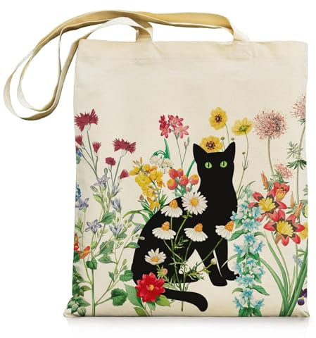 CharmBurst Schwarze Katzen Canvas-Tasche mit Reißverschlusstaschen, Vintage-Blumen-Design, Niedliche Stofftasche, Wiederverwendbare Einkaufstasche, Geschenk für Frauen