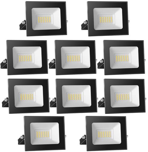 20W Projecteur LED Extérieur 10 Pièces, IP65 Étanche Lampe, 2000LM 3000K Blanc Chaud Eclairage Exterieur - Super Lumineux Spot de Sécurité pour Jardin, Garage et Cour