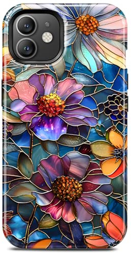 TAMUEL for iPhone 12 & iPhone 12 Pro Case, Colorful Flower Aesthetic Stained Glass Phone Case, Cute Trendy Elegant Blue Floral Magnetic Slim Silicone Shockproof Protective Women Girl Cover