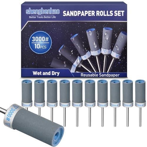 shengbenhao 10PCS 3000 Grit Sanding Drums Sandpaper Sticks Set Compatible with Dremel Rotary Tool Accessories with 1/8 inch Shank for Metal Rust Removal/Jade Polishing/Stone Grinding/Sanding