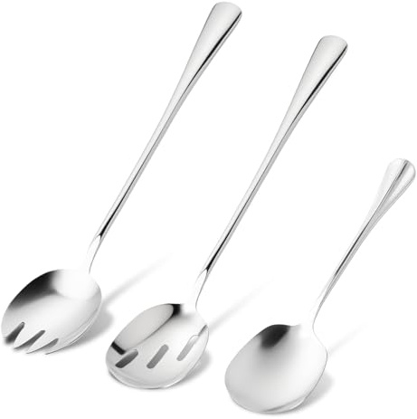3-Piece Stainless Steel Salad Servers and Serving Spoons Set with Slotted Spoon and Fork - 28cm Long, Silver for Easy Food Serving in Homes and Restaurants