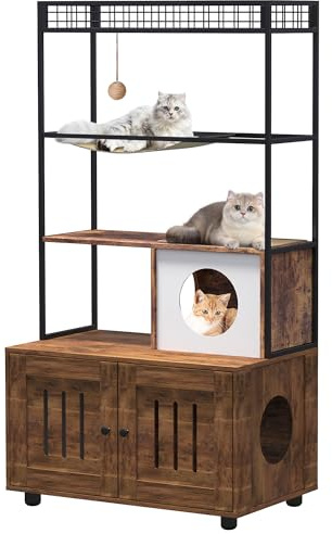 Creperture Katzenklo Schrank, Katzenschrank für Katzentoilette, Großer Katzenbaum Metallrahmen Holzschrank mit Ablagefach, Höhle, Hängematte und Spielball, Hundesicheres Eck-Katzenbett,80 x 48 x 152cm