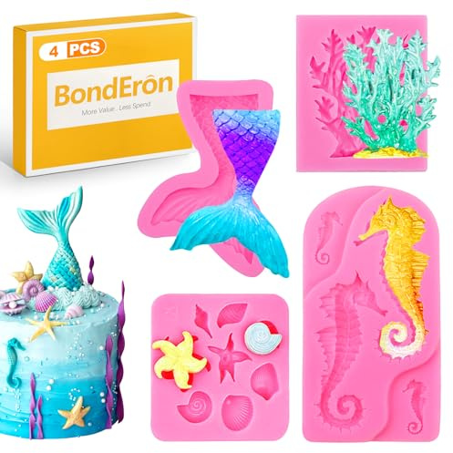 BondEron 4er Set Meerjungfrau Silikonform Muschel und Meerjungfrauenflosse für Fondant Schokolade Torte Cupcakes und Dekoration