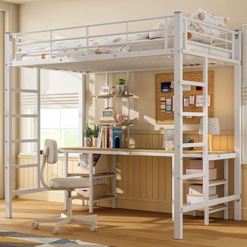 YCYDHDM Cama alta de metal 90 x 200 cm con escritorio y espacio de almacenamiento, litera con estantes y escalera lateral, diseño de valla de seguridad, cama para niños y adolescentes, color blanco