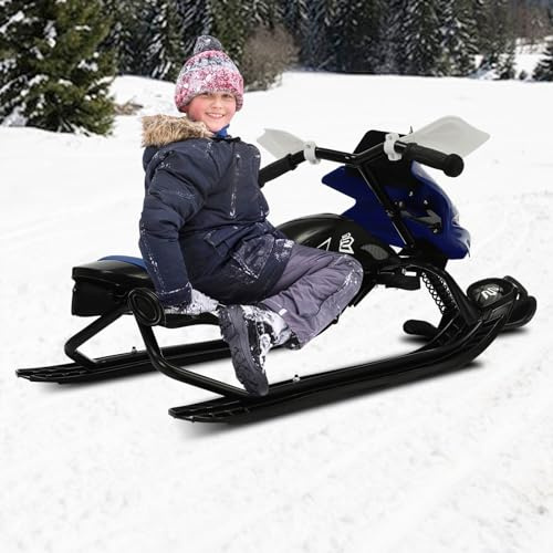Lenkschlitten Schneeschlitten, Kinderschlitten ab 3 Jahre mit Fußbremsen, 3 Verstellbaren Gängen, Rennrodel für Kinder, Bobs Geschenks für Kinder und Jugendliche, 124×51×43.5cm, bis zu 80kg (Blau)
