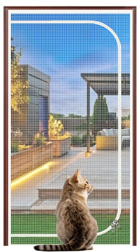 Zipper Cat Screen Door Heavy Duty Cat Proof Door Screen with Zip Pet Protection Guard Mesh Curtain Self-Adhesive Easy Install No Drilling Need White