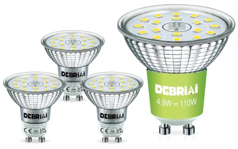 DEBRiAi Energieklasse C GU10 LED 4,9W (Ersetzt 110W), Kaltweiss 6000K, 830LM, 4er-Pack, Energiesparlampe, Abstrahlwinkel 120°, Flimmerfrei Lampen AC230V Leuchtmittel, Nicht Dimmbar Reflektorlampen