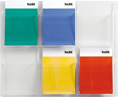 helit H6259402 - Wanddisplay „the clearly“ 6 Taschen, DIN A4 hoch, glasklar | Glasklarer Prospekthalter Wand, 62,5 x 76,7 x 5,2 cm