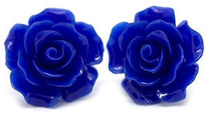Bluebubble ENGLISH ROSE 22mm Sapphire Blue Carved Rose CLIP ON Earrings on Gift Card