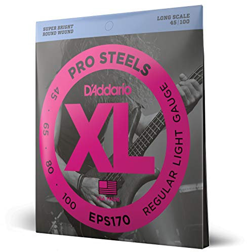 D'Addario Bass Guitar Strings, XL Pro Steels, EPS170, Long Scale, Regular Light Gauge 45-100, 4-String Set, Pack de 1