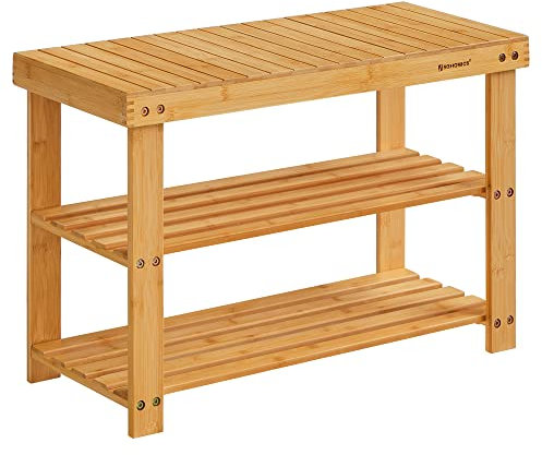 SONGMICS Schuhregal Bank, 3-stöckige Bambus Schuhaufbewahrung Organizer Eingangsbank hält bis zu 130 kg, für Eingangsbereich, Badezimmer, Schlafzimmer, Natürlich, 11.3 D x 27.6”W x 17.8 H