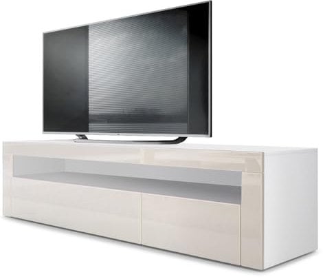 Vladon Lowboard Valencia, Made in Germany, TV-Kommode mit 1 offenem Fach und 2 Klappen, Weiß matt/Creme Hochglanz/Creme Hochglanz (155 x 46 x 40 cm)