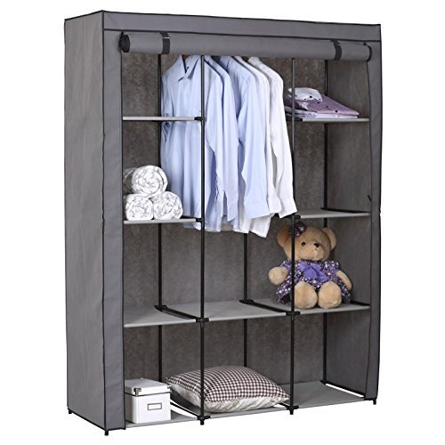 IDIMEX Stoffkleiderschrank Kellerregal Faltkleiderschrank STEVEN, mit 1 Kleiderstange und 9 Regalfächern, inkl. Schutzhülle in grau - 7 verschiedene Aufbauvarianten
