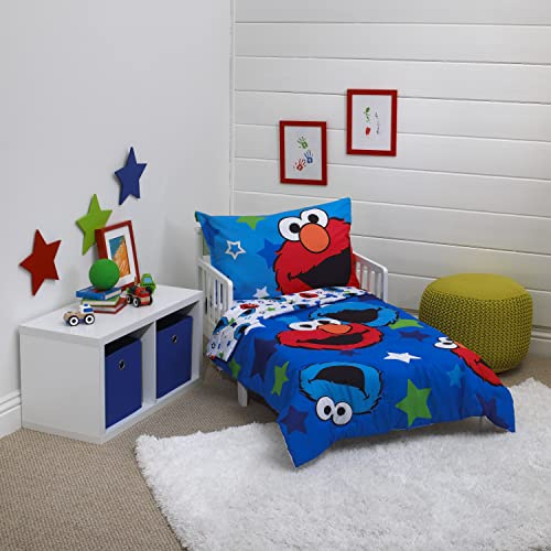 Sesame Street Awesome Buds Elmo/Krümelmonster 4-teiliges Kleinkind-Bettwäsche-Set, Blau/Rot/Grün, 4-teiliges Set