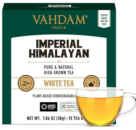 VAHDAM, Tè Bianco Imperial dall'Himalaya (15 Bustine) Raccolto a Mano da Giardini in Alta Quota | Basso Tenore di Caffeina | The Bianco in Foglie in Bustina Piramidale | Direttamente dall'India