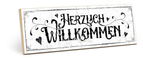 TypeStoff Holzschild mit Spruch – HERZLICH WILLKOMMEN – im Vintage-Look mit Zitat als Geschenk und Dekoration zum Thema Zuhause und Begrüßung - HS-00311