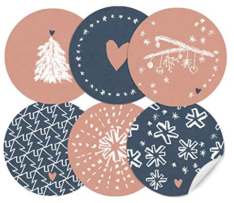 24 weihnachtliche Aufkleber im Handlettering Stil, runde selbstklebende Sticker für Weihnachtsgeschenke, MATTE Papieraufkleber für selbst gebastelte Adventskalender und Weihnachten, Rosa Blau Weiß