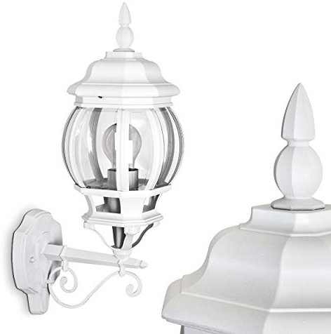 Außenwandleuchte Lentua, Wandlampe aufwärts in antikem Look, Aluguß in Weiß m. Kunststoff-Scheiben, Wandleuchte m. E27-Fassung, Vintage Außenleuchte für Terrasse, Veranda u. Hof, ohne Leuchtmittel