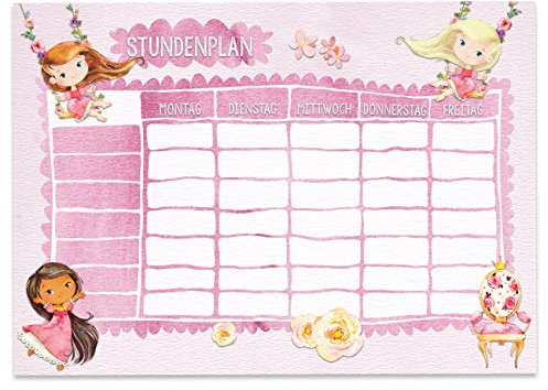 Papierdrachen Stundenplan DIN A4 Block - Motiv Prinzessin - beschreibbar Schule oder Uni - Terminkalender und Wochenplan für Kinder