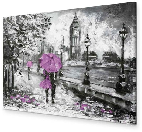 murando - Wandbilder XXL romantisch Paar 120x80 cm Leinwandbild 1 tlg Kunstdruck modern Wandbilder XXL Wanddekoration Design Wand Bild - wie gemalt London Stadt Big Ben rosa pink grau