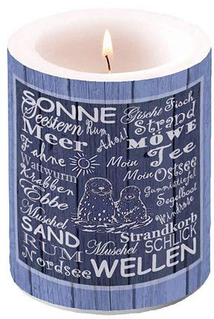 Ambiente Weihnachtskerze, Strandbegriffe, Blau, 7,6 cm, Stumpenkerze, 12 cm hoch