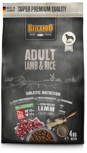 BELCANDO Adult Lamb & Rice [4 kg] Hundefutter | Trockenfutter mit Lamm für empfindliche Hunde | Alleinfuttermittel für ausgewachsene Hunde ab 1 Jahr