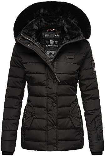 Navahoo Damen warme Winter Steppjacke mit Abnehmbarer Kunstfell-Kapuze Milianaa Black Gr. S