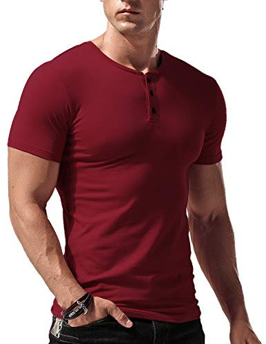 Hommes Coupe Slim Manche Short Henley Tshirt Décontractée Col en de Corps Coton T2306 Vin Rouge XXL