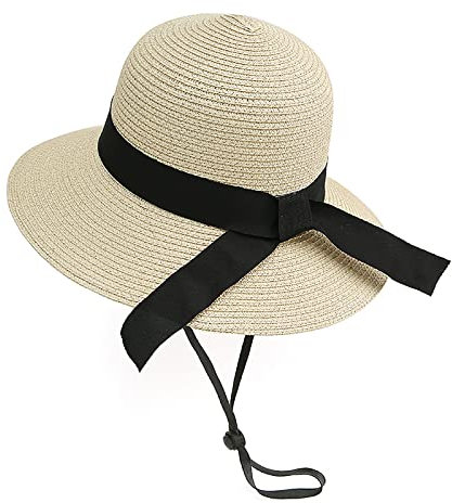 Sombrero de paja para niñas, sombrero de playa, sombrero de verano con protección UV de ala ancha, Beige2, 5-9 años