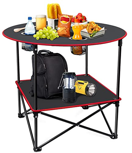 Portable Camping Table Folding Picnic Tables Lightweight Folding Table Waterproof Canvas Beach Table for Outside with 4 Cup Holders & Carry Bags for Camping, Beach, Campfires and Tailgating
