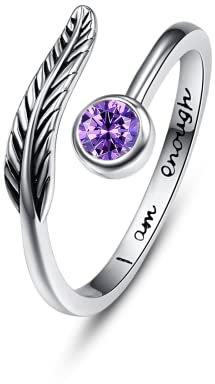 Geburtsstein Damen Verstellbarer Ring 925 Sterling silber Feder ring Birthstone Schmuck Geburtstag Geschenk für Frauen Mädchen (I-amethyst ring)