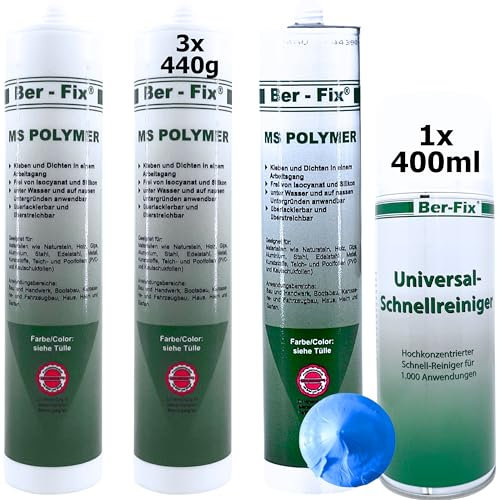 Ber-Fix 3x MS Polymer Kleber Pool-Blau 440g + 400ml Schnellreiniger – Haftet selbst unter Wasser, chlorresistent & elastisch