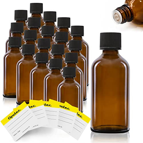 Oputec 20 x 50 ml Tropfflaschen aus Glas + 20 Beschriftungs-Etiketten - Braune Apothekerflaschen mit Tröpfler - Kleine Glasflaschen mit Schraubverschluss