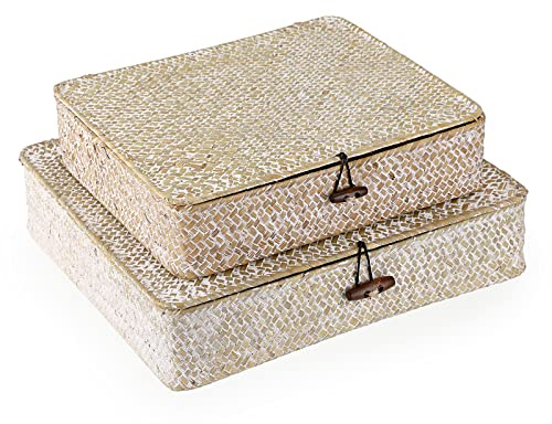 Hipiwe Set of 2 Flat Woven Wicker Storage Bins with Lid Natural Seagrass Basket Boxes Multipurpose Home Organizer Bins Boxes for Shelf Organizer (Whitewash)