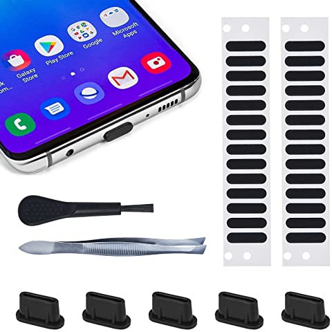5PCS USB C Dust Plug & 28x Phone Speaker Mesh Dustproof Net Adhesive Stickers for iPhone 15 Plus Pro Max, Samsung Galaxy S23, S22, S21, S20, S10e, LG, Any Type-C Port, Anti Dust Kit with Tweezer