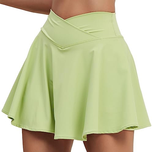 HAWILAND Tennisrock Damen - Hosenrock Crossover Waist V-Bund Tennis Skort mit Taschen Golfrock für Radfahren Wandern Laufen #5 Grün S