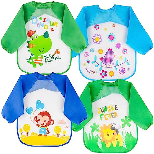 Vicloon Bibs with Sleeves, 4 Pcs Baby Waterproof Weaning Toddler Bib, Long Sleeve Bib Unisex Feeding Bibs Apron for Infant Toddler 6 Months to 3 Years Old
