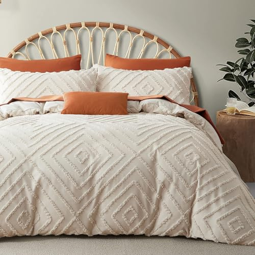 Freyamy Bettwäsche 200x200 3teilig Getuftet Handgefertigt Geometrisch Bettbezüge Khaki Vintage Wendebettwäsche Boho Stil Gewaschene Mikrofaser Uni Bettbezug mit Reißverschluss + 2 Kissenbezüge 80x80