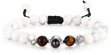 Lam Hub Fong Personalisiertes Foto Projektions Armband mit perlen Benutzerdefinierte Armband mit Bild Geschenk für Männer Familie (Weiß+Braun)