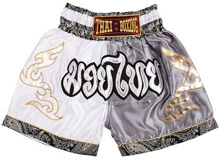 MUAY NATION Muay Thai Shorts für Kinder (2 Jahre - 12 Jahre) Mädchen Jungen Boxhosen für Kickboxen MMA Kampfsport (DE/NL/SE/PL, Alter, 6 Jahre, 8 Jahre, Regular, Weiß/Grau)