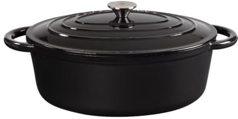 CHEF CUISINE Bräter Gusseisen mit Deckel, Oval groß 6,7 L, Induktion, Schwarz, hitzebeständig bis 350° C, backofengeeignet, perfekt auch zum Brot backen