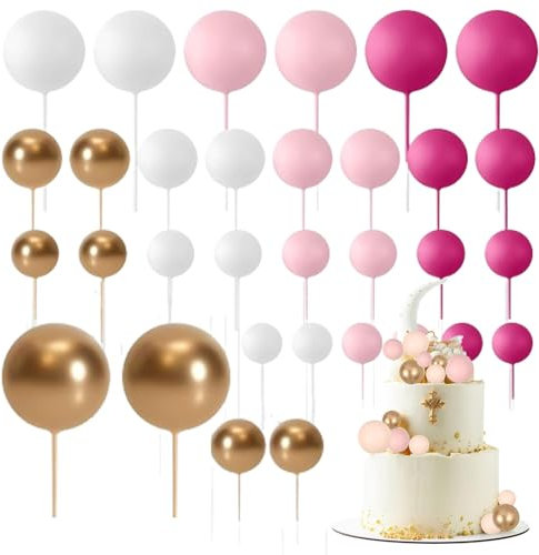 32 Pcs Ball Cake Topper Decorations Mini Balloons Cake Topper Sticks Foam Balls Cake Picks Cake Topper Balls Cake Decorations for Wedding Party Birthday Cake Decorating Gold Cake Decorations