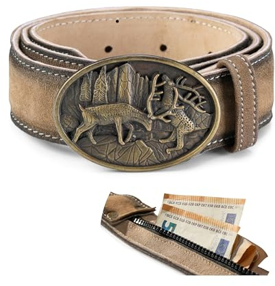Schöneberger Trachten Couture Herren Trachtengürtel mit Geheimfach - Echtleder Lederhosen Gürtel mit Hirsch Schnalle – Ledergürtel mit Geldfach Armin (Braun,50-52)