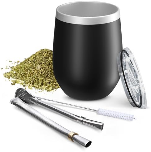 Aquafloow Set de Mate Argentino para Yerba Mate 350 ml + 2 Pajitas de Acero Maté Bombilla, Taza de Doble Pared Maté Yerba | Tapa Libre de BPA, Juego de Té de Acero Inoxidable para Maté, Yerba – Negro