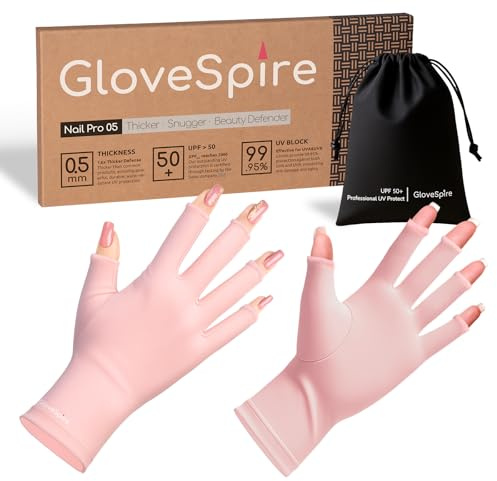GloveSpire Small Hand UPF50+ UV Gloves for Nails, Thickened, XS, Blush Pink | Fingerless, Sun & UV Protection, Thickened Stretch Fabric, 2 Sizes for a Better Fit, Included Storage Pouch, Home & Salon Use