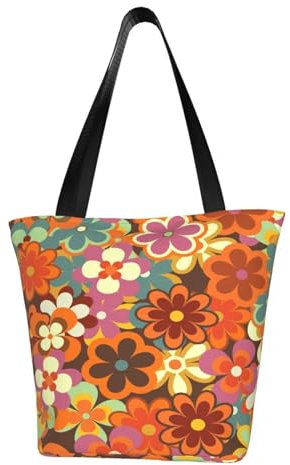 BeNtli Umhängetasche, Canvas Tote Große Tasche Damen Casual Handtasche Wiederverwendbare Einkaufstaschen,Buntes Blumenmuster im Retro-Stil der 70er Jahre