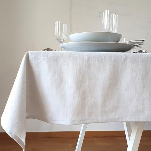 Farnberg Premium Tischdecke aus Leinen - Stofftischdecke für Küchentisch, Esstisch - Fleckschutz Tischtuch - Leinentischdecke - 135 x 350 cm - Uni Weiß