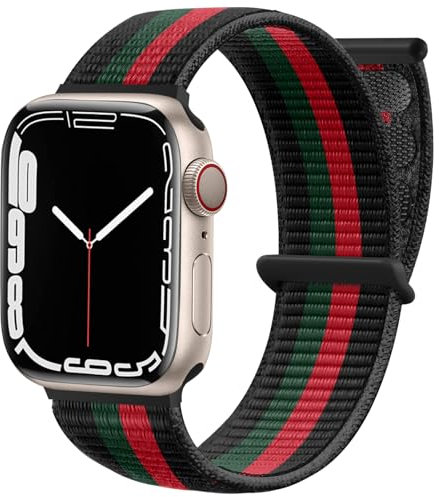 Maledan Nylon Cinturino Compatibile con Apple Watch Cinturino 42mm 44mm 45mm 49mm 40mm 41mm, Cinturino Compatibile con iWatch Series 9 8 7 6 5 4 3 SE, 42mm/44mm/45mm/49mm, Nero/Rosso/Verde Scuro