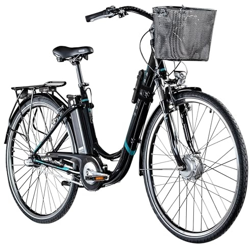 ZÜNDAPP EBike Z510 28 Zoll Elektrofahrrad mit Rücktritt E Bike Damen & Herren E-Bike 3 Gang Fahrrad Elektro Pedelec City Elektrofahrräder Hollandrad mit Korb (schwarz/türkis mit Faltschloss, 48 cm)